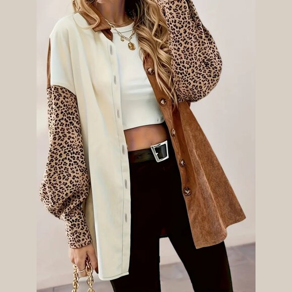 Boho Chic Leopard Print Colorblock Shacket Oversized Button Down Top Y2K Trendy - Picture 1 of 6